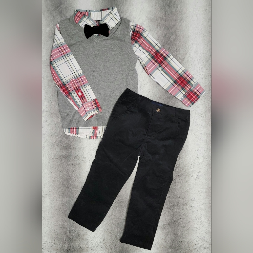 Boys 4 Piece Set - Vest, Plaid Button Down Shirt, Bow Tie, & Corduroy Pants